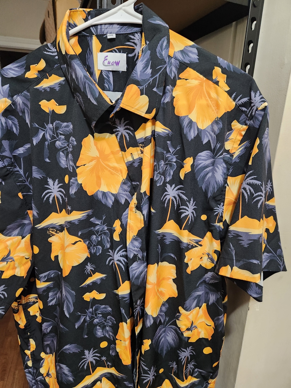 Euow Men's Black Hawaiian Shirt with Yellow Floral Print